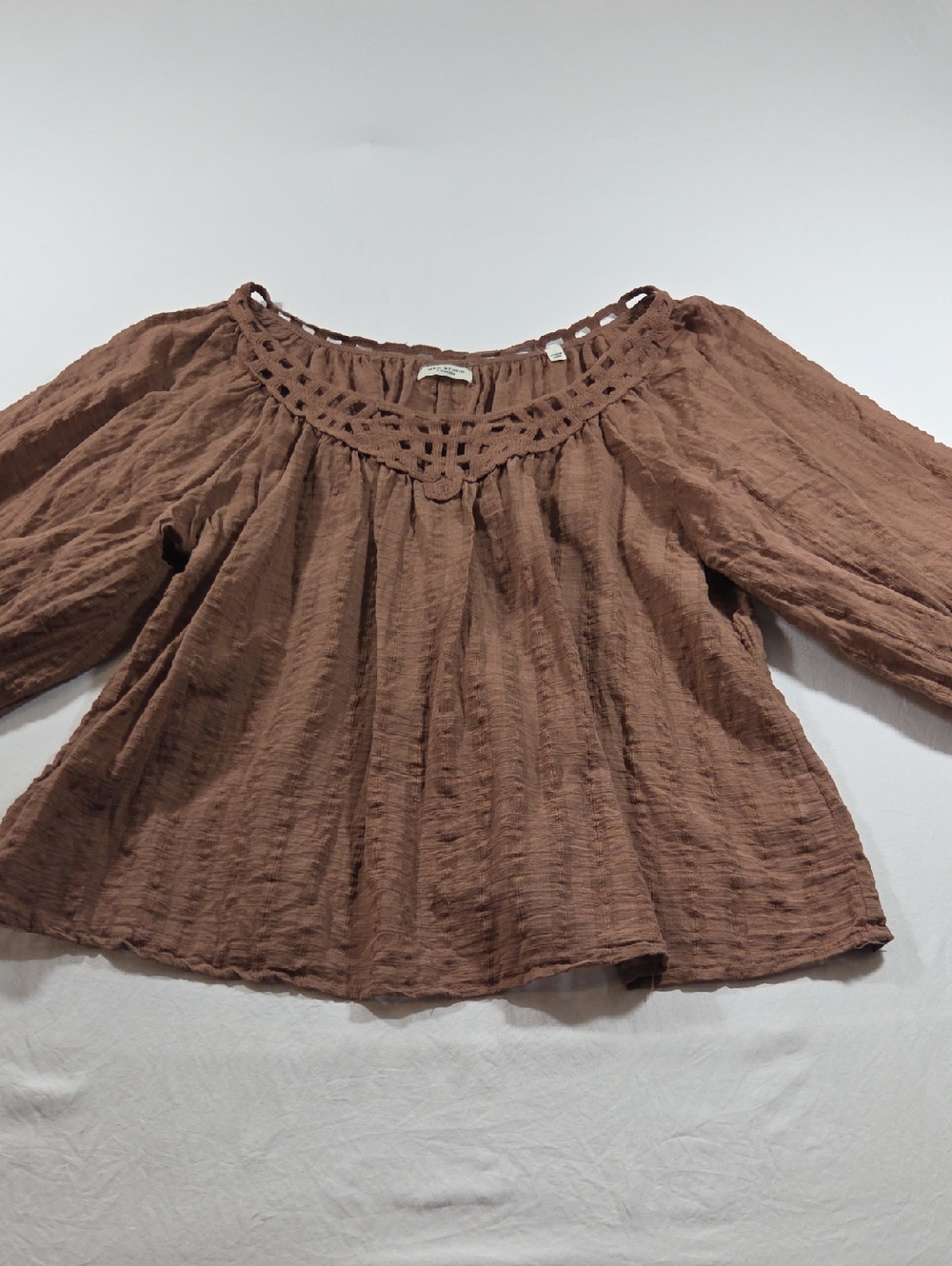Women's Brown Crochet-Yoke Peasant Blouse Cotton Boho Long Sleeve Roomy Breezy